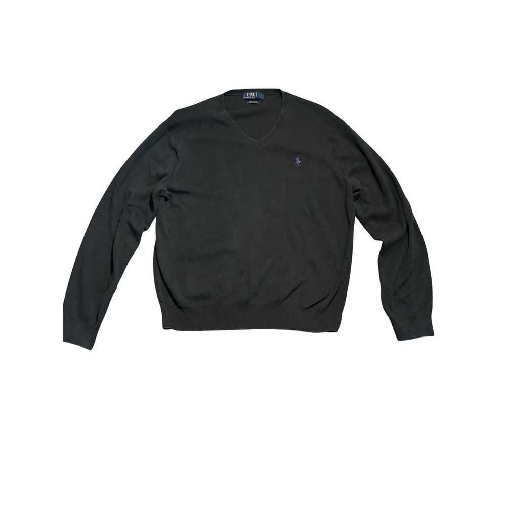 Polo Ralph Lauren Mens large Black Pima Cotton V-Neck Sweater preppy academia